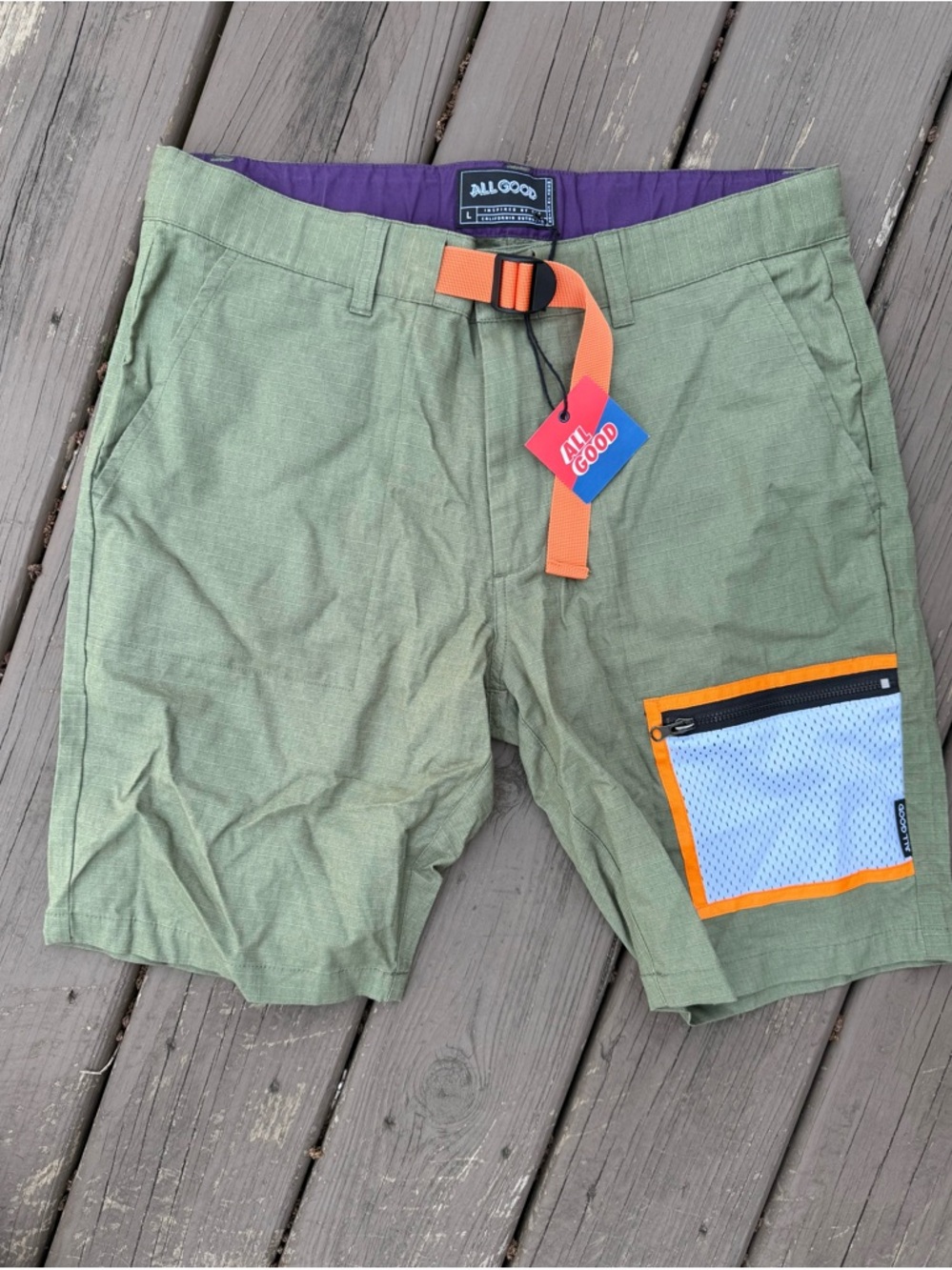 All Good apparel brand new Men’s Olive Green Cargo Shorts with Orange Accent